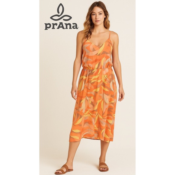 Prana Dresses & Skirts - Prana Orange and Yellow Leaf-Print Tank Midi Dress